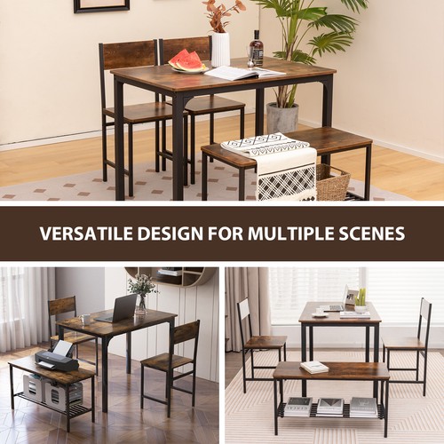 Giantex 4pcs Dining Table Set Rustic Desk 2 Chairs & Bench w/ Storage Rack Brown - Picture 5 of 9