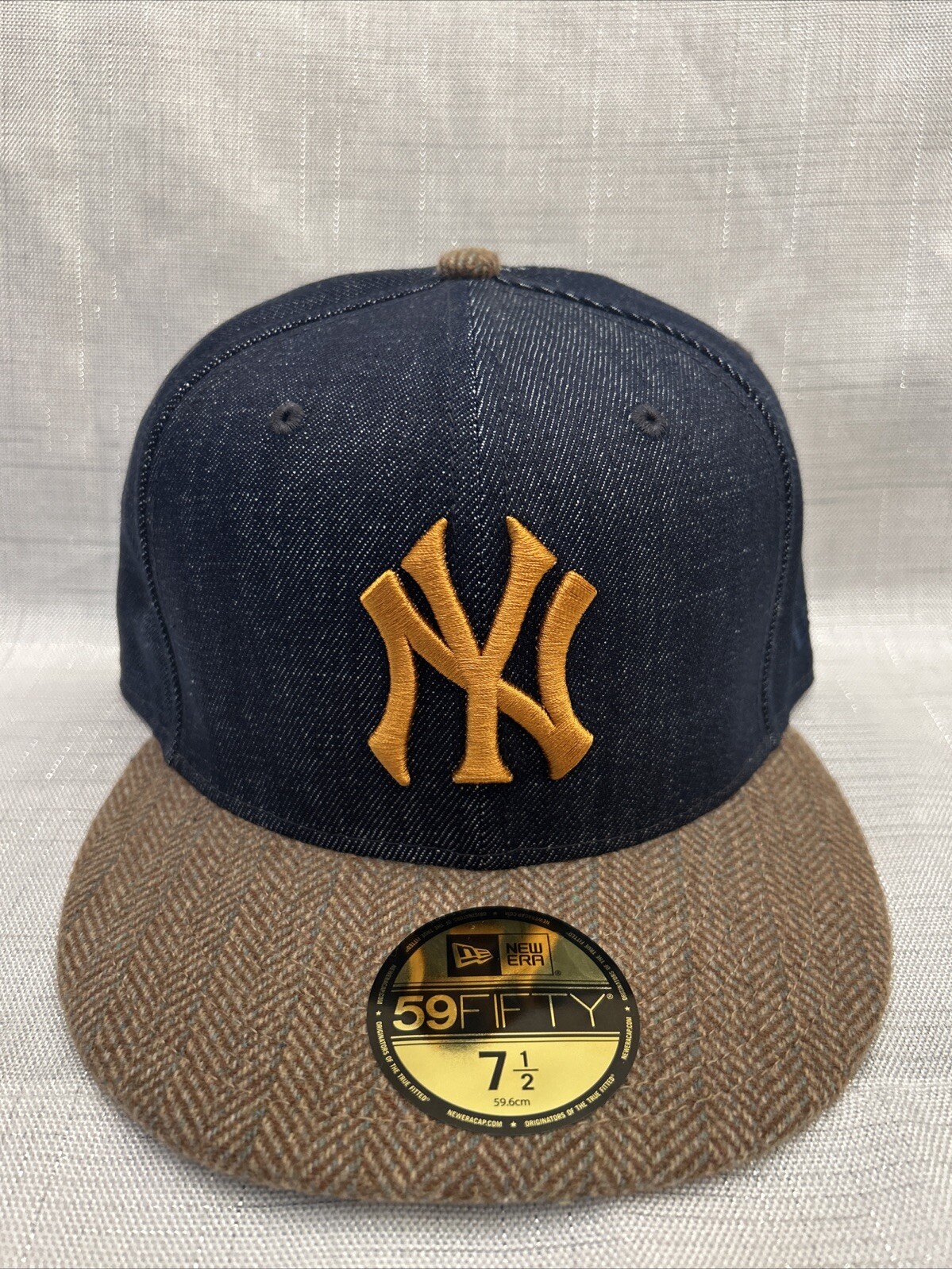 New Era New York Yankees Blue Denim Brown Tweed 59FIFTY Fitted Hat Size 7 1/2