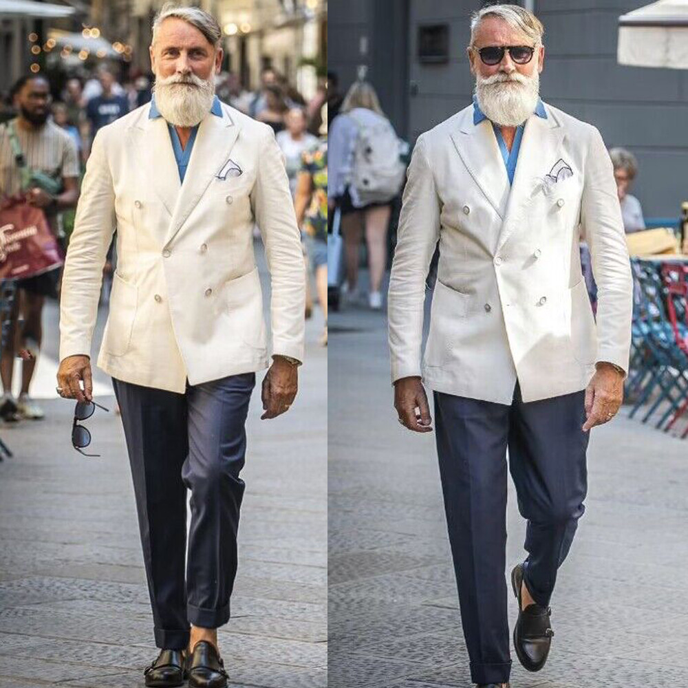 White Linen Men Suit Double Breasted Peak Lapel Formal Business Wedding 2Pieces