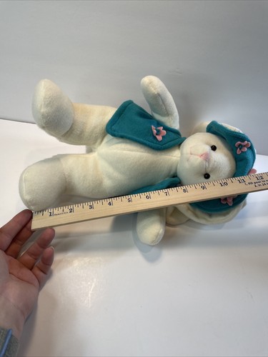 Manhattan Toy Company White Bunny Rabbit Plush Blue Hat Vest Pink Flowers 12” - Picture 9 of 12