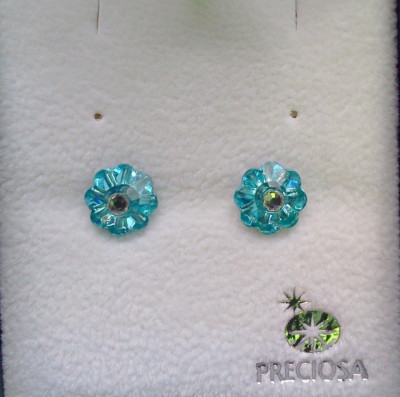 PRECIOSA Brand Flower Crystal Earrings in Aqua Blue- Made in the Czech Republic
