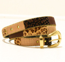 90s Vintage Hair On Hide Canvas Belt Cheetah Animal Print Boho M Gold Buckle