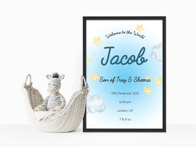 Personalisierte Geburtsstatistik Baby Druck Schild, individuelle Geburtsanzeige Kinderzimmer Wand
