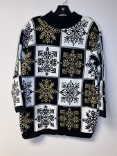 Trimmings 1980s Holiday Snowflake Pullover Sweater Black White Gold Sz Small