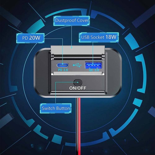 12V USB QC3.0 & PD Dual Port Car Fast Charger Socket Power Outlet On-Off Switch - Picture 6 of 10