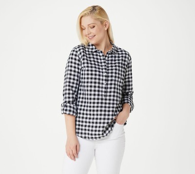 New Rachel Hollis Ltd. reg 4 Woven Henley Shirt Black Gingham QVC 2180-Q