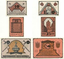 Teterow koło Rostocka, 3 banknoty Notgeld 1921, Reuter, Brama Rostocker, Fontanna szczupaka