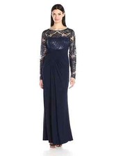 ELIZA J Navy Sequin Embroidered Lace Ruched Front Drape Jersey Maxi Gown 6 = S