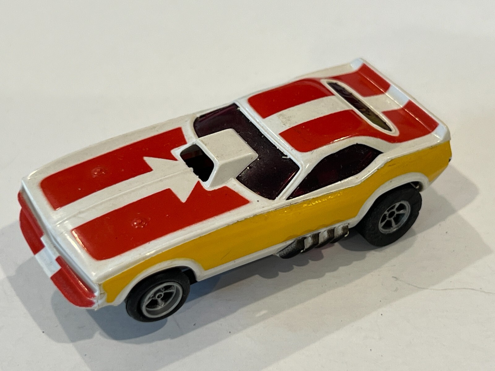 Aurora AFX Plymouth "Cuda" Funny Car, White/Red/Mustard Slot Car