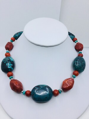 Vintage Lucas Lameth LUC 925 Silver Turquoise Apple Coral Beads Necklace 