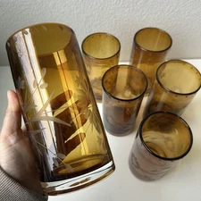 Bobby Flay Highball Amber Tumblers Etched Floral Glasses Set Of 6 Discontinued