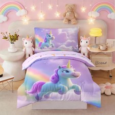 4 Pieces Unicorn Toddler Comforter Sets for Girls,Unicorn Bedding Set,Soft Cr...