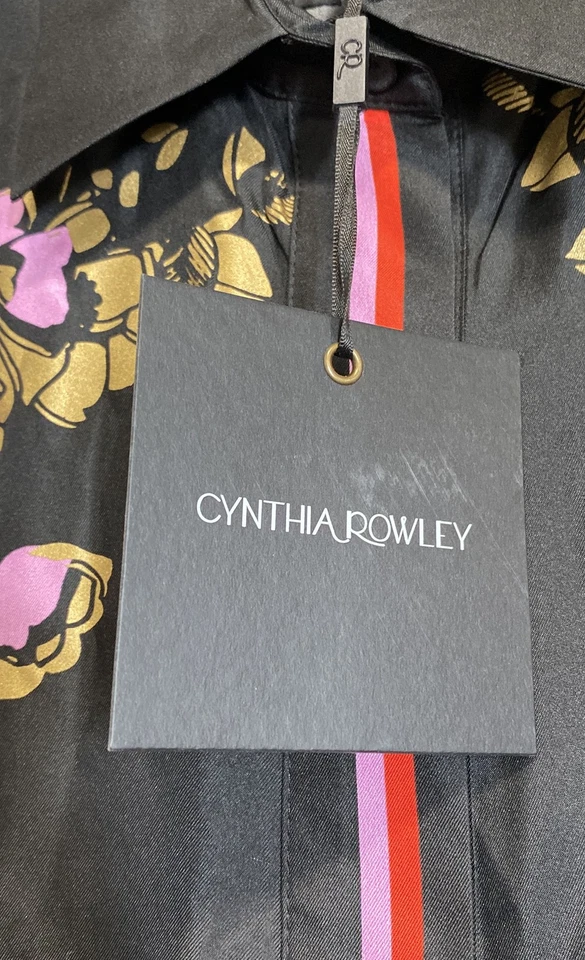 Vestido Camisa Cynthia Rowley Mujer Negro Floral Dorado Seda Talla Mediana Nuevo con Etiquetas Foto 4 de 4