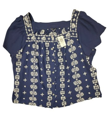 Torrid 4X Medieval Blue Embroidered Square Neck Flutter Sleeve Top NWT Plus Size