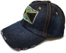 JAMAICA FLAG RHINESTONE BASEBALL CAP JAMAICAN DENIM JEANS BLING DARK BLUE UNISEX