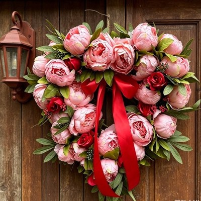 Artificial Peony Wreath Heart Shape Silk Flower 40cm For Door Hanging Decor