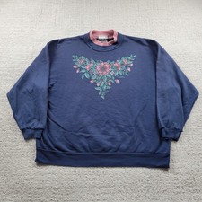 Vintage Morning Sun Sweatshirt Womens XL Blue Floral Mock Neck Made USA 90s