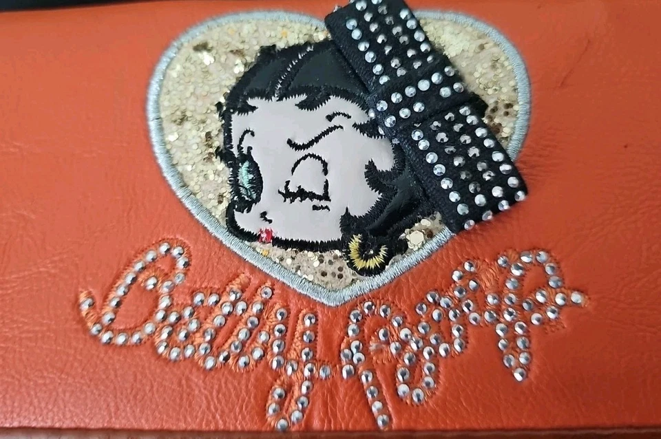Cartera Betty Boop Vintage Plegable Naranja Estrás Mezcla Tarjetas Tachonadas Cambio Billetes Foto 2 de 4