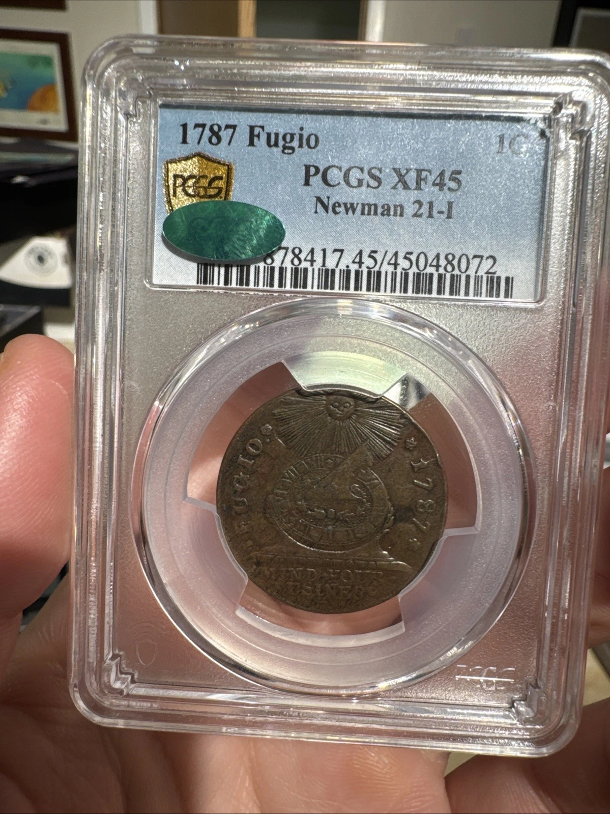 1787 Fugio Cent Newman 21-I PCGS XF 45 CAC. TOP POP! Rare Variety! Strike Though