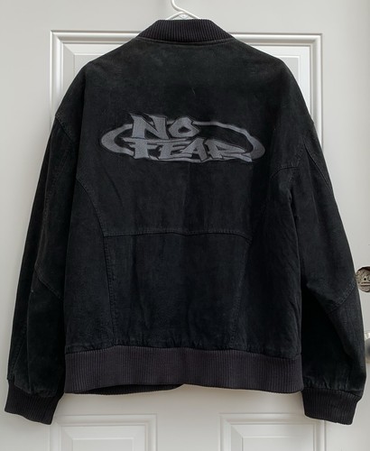 Vintage 1990s No Fear Black Suede Leather Mens Jacket Sz Large Embroidered Logo - Picture 4 of 15