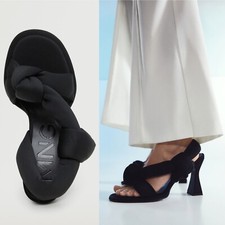 MANGO Black Strap Sandal Heel EU 37, US 6.5 Quilted Puff Open Round Toes