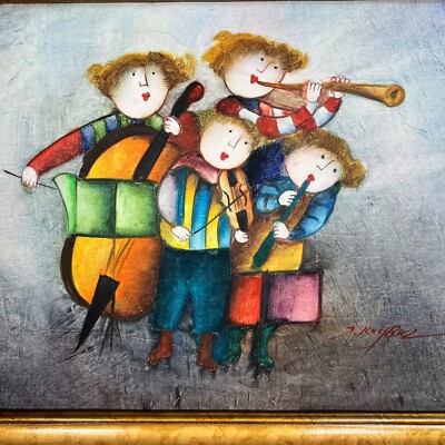 J. Roybal Oil Painting Children Playing Musical Instruments Framed