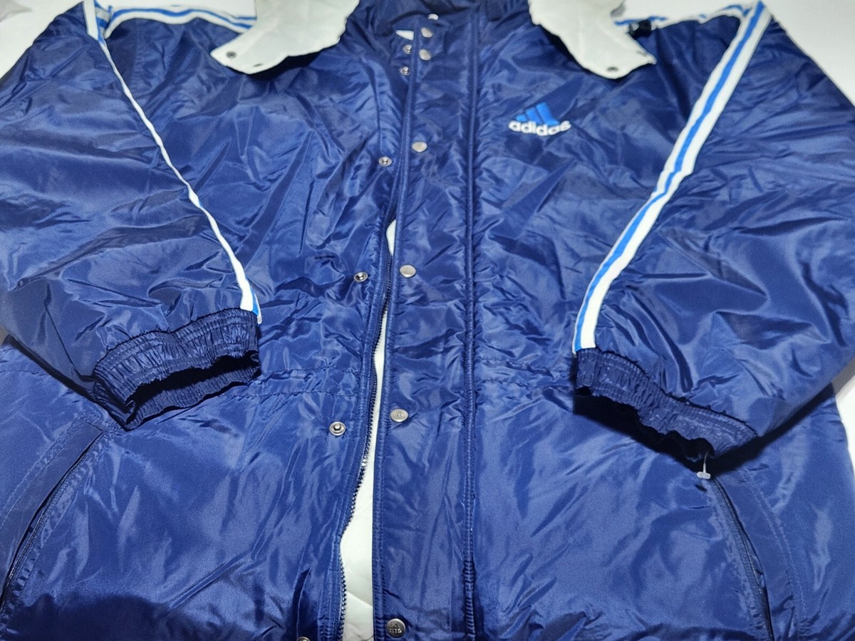 Vintage 90s ADIDAS Jacket Coat Parka Puffer Blue 3 Stripe Sz Vintage 90s ADIDAS Jacket Coat Parka Puffer Blue 3 Stripe Sz