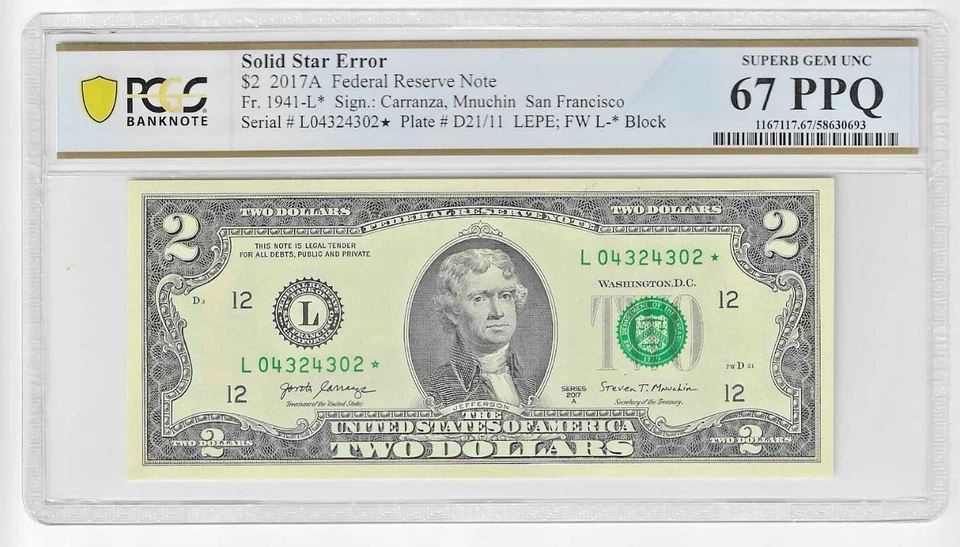 2017A Star $2 Two Dollar PCGS Graded Gem 67PPQ SOLID/FILLED STAR Error Note RARE - Image 2 of 3