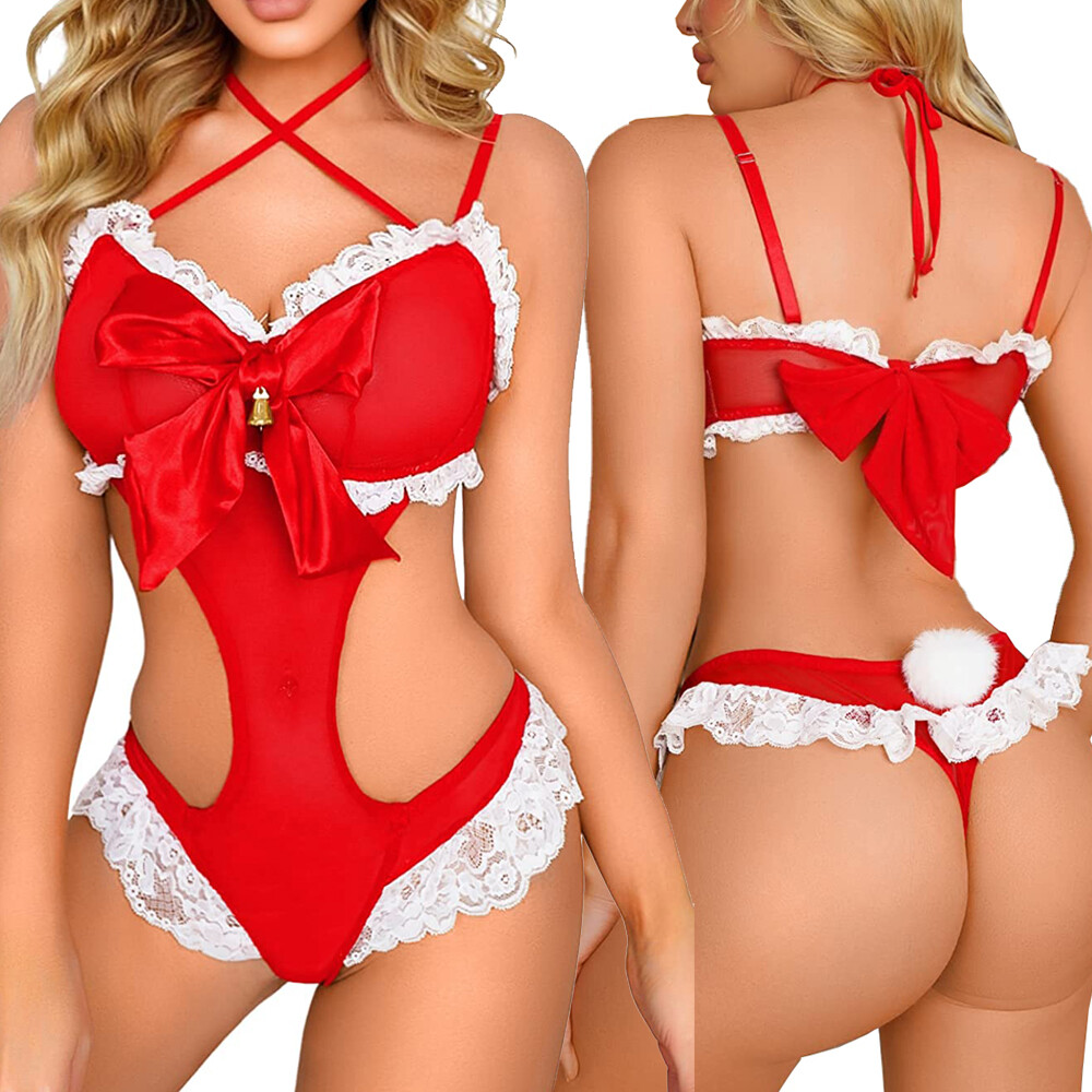 Bunny Tail Lace Teddy Bodysuit with Satin Bow and Ruffles