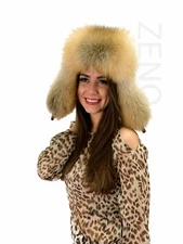 Golden Island Fox Fur Hat Saga Furs Trapper Hat With Brown Leather