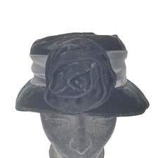 VTG Union Made Black Velvet Hat W/Black Rose Front Crushed Velvet USA