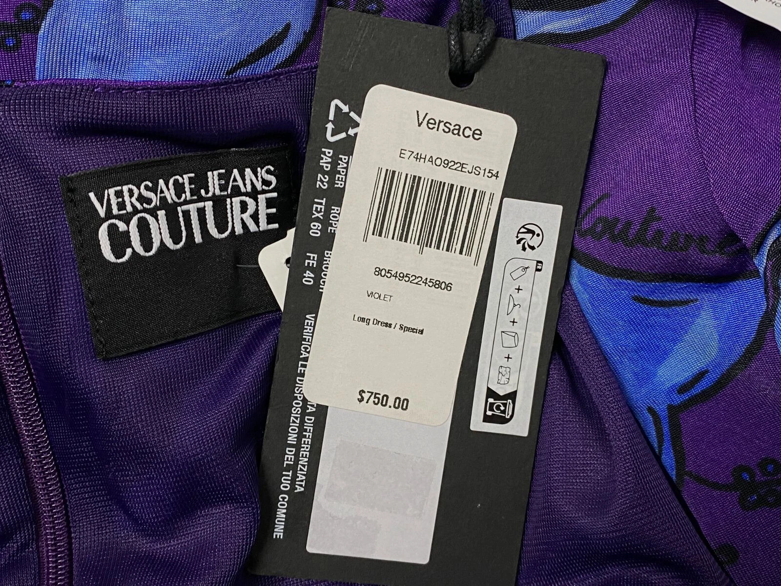 Abito con tacco ritagliato Versace Jeans Couture da donna viola ramoscello taglia 8