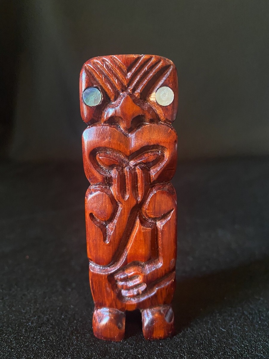 Wood New Zealand Rotorua Small Tiki Figure Paua Shell Eyes