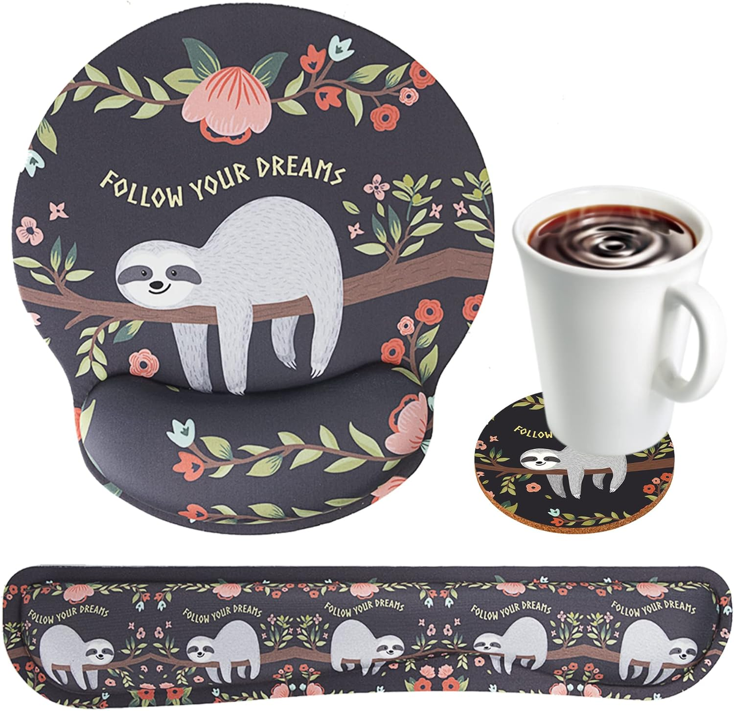 Ergonomic Memory Foam Keyboard Wrist Rest & Non-Slip Mouse Pad Set with Coaster