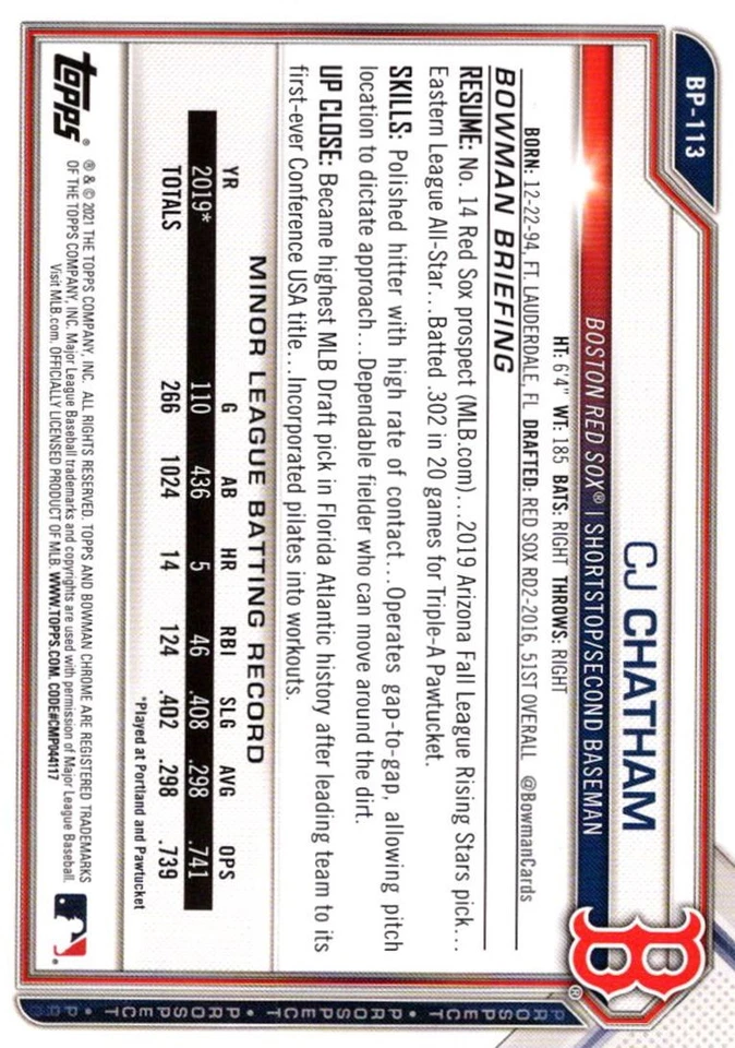 2021 Bowman Paper Prospects 5x7 CJ Chatham Boston Red Sox #BP-113 - Image 2 of 2