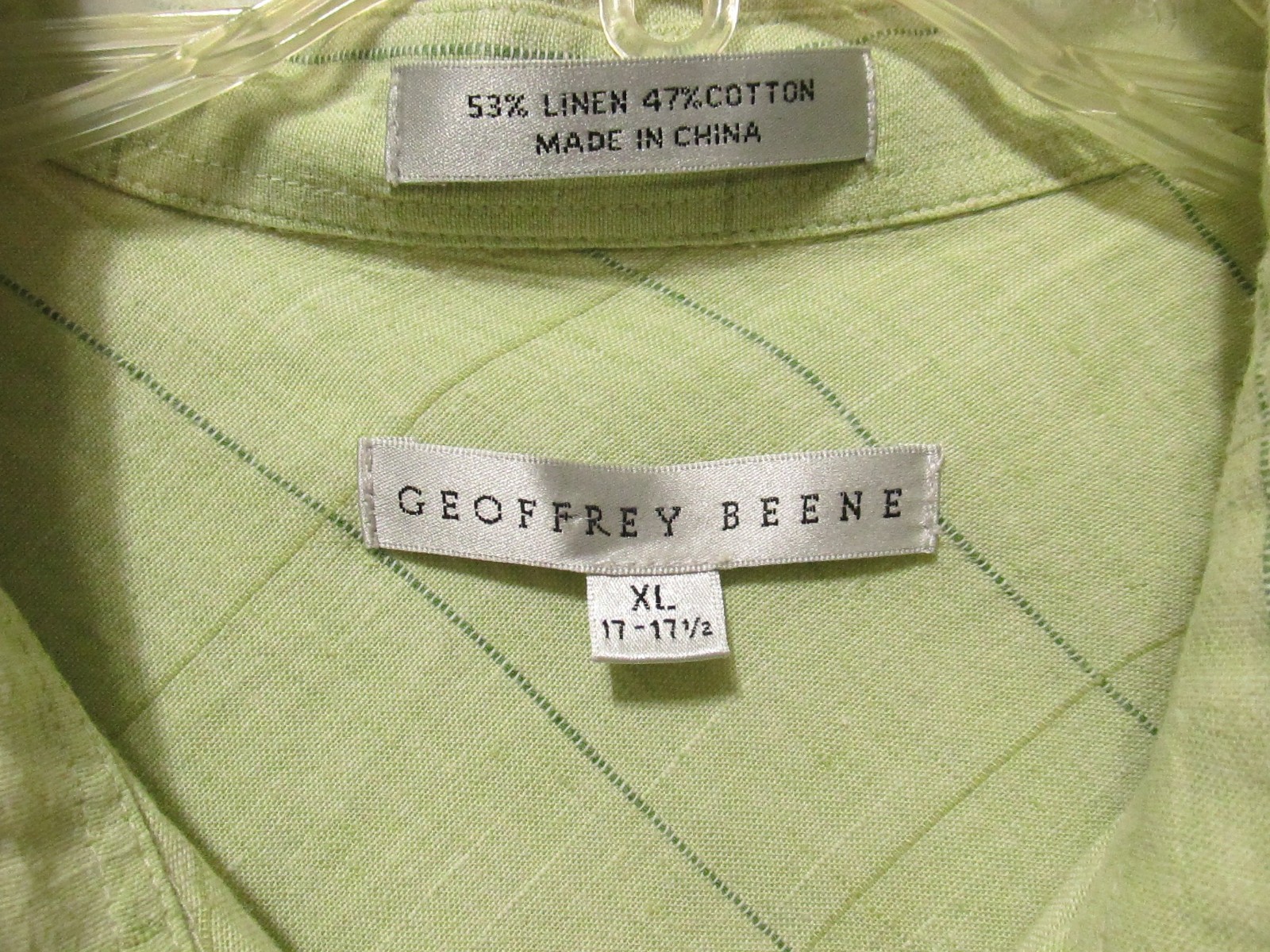 Geoffrey Beene Mens Shirt  XL ( 17-17.5) Green Linen Cotton Button Long Sleeves