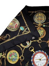 Gucci Silk Black  Gold Pocket Watch Design Scarf 86x86 Used