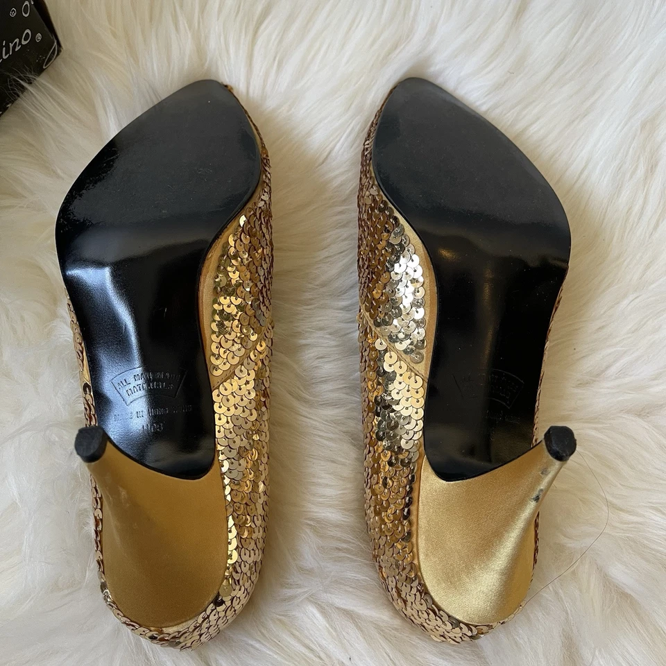 Zapatos de salón vintage Ann Marino de lentejuelas doradas satinadas 6 Vogue hechos en Hong Kong 6B Foto 4 de 4