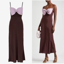 RIXO Leanne Bow-Detail Chocolate Lilac Silk Dress NWT