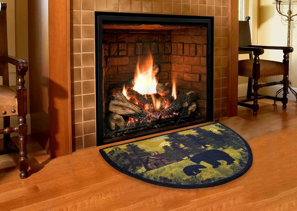 Hearth Rug for Fireplace, Bear & Cub, Non Slip Kitchen Mat, Green Black Gold ... - Image 2 of 4