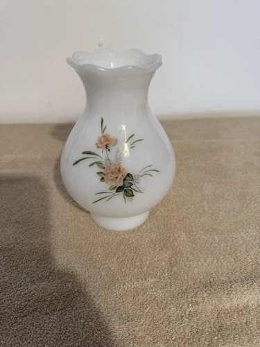 Vtg Hurricane Lamp Chimney Shade Hand Painted roses Floral White Milk Glass, 7"