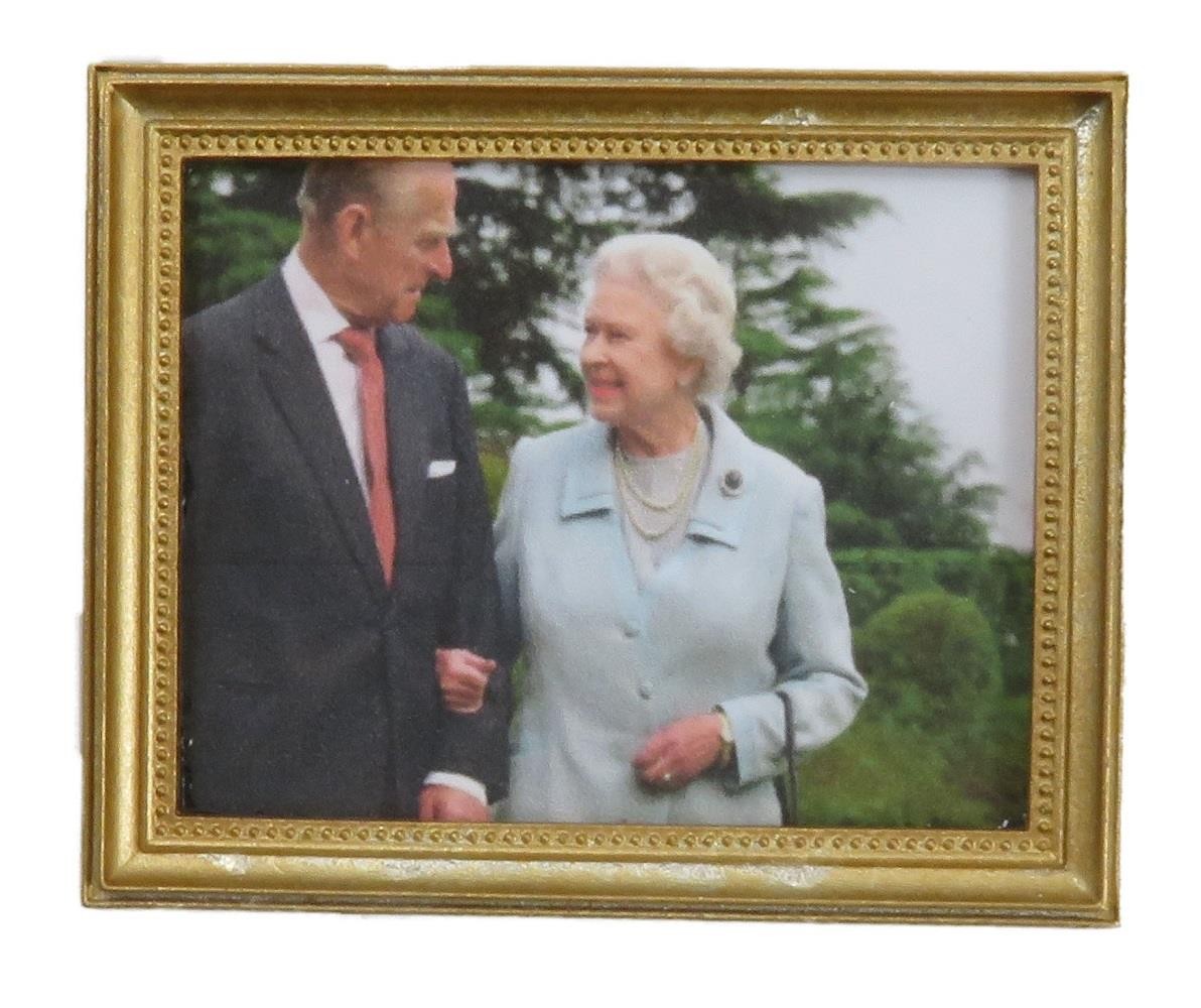 Dolls House Queen Elizabeth II & Prince Philip Royal Portrait Picture Gold Frame