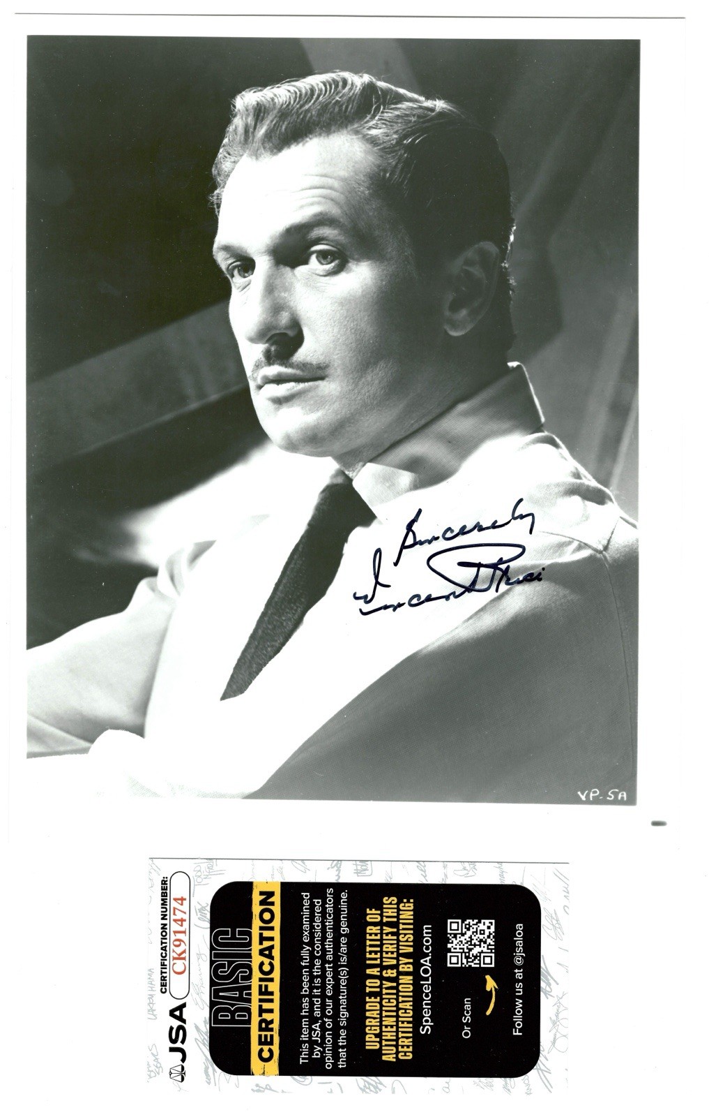 Vincent Price Signed Autographed 8x10 Photo JSA Cert Horror Batman 2