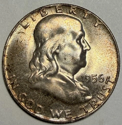 1956 Franklin Half Dollar, Gem BU, Mint Set Toned! Silver