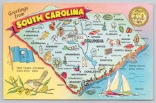 Vintage South Carolina SC Map Landmarks Postcard Tichnor Bros. 1970