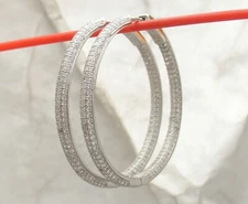 1 1/2" Inside Out Pave Set Diamonique CZ Hoop Earrings AntiTarnish 925 Silver
