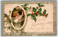 POSTCARD Christmas Greetings Holly Embossed Young Girl