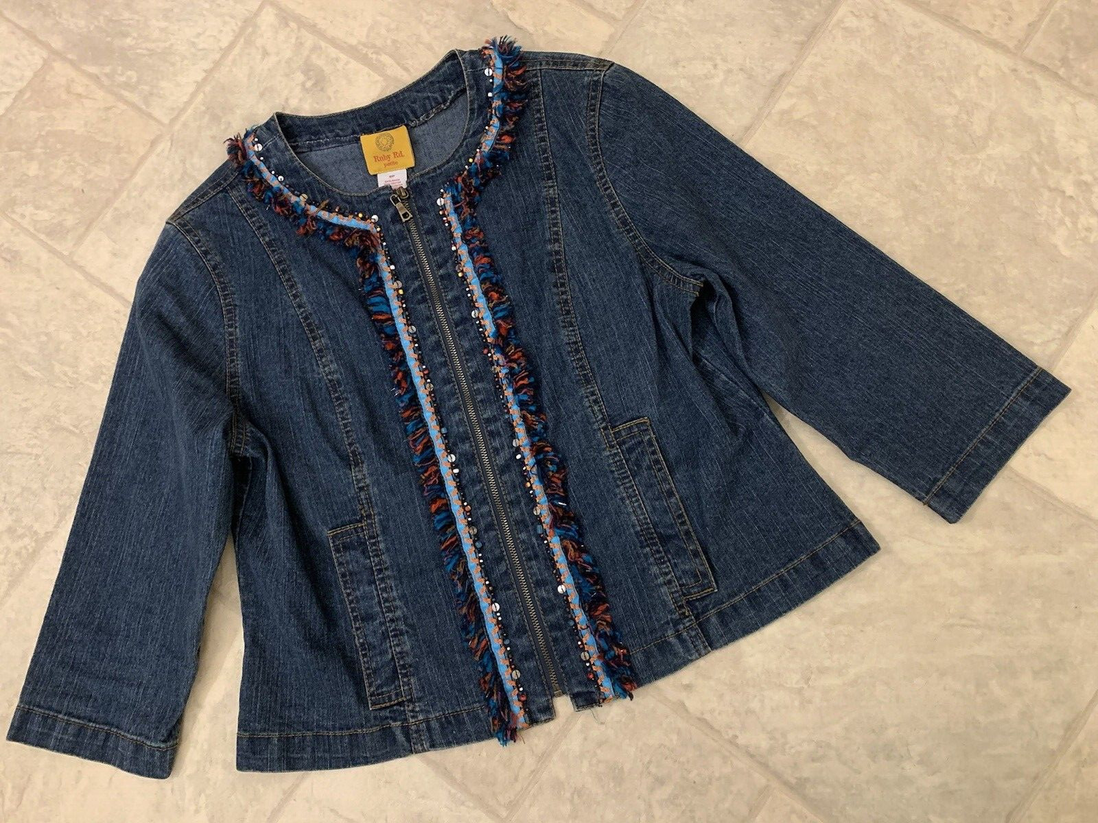 Ruby Rd Petite Blue Denim Full Zip Jacket Beaded … - image 1
