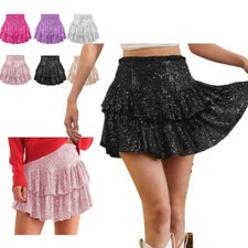 Womens Shiny Sequins Ruffle A-Line Skirts Layered Miniskirt Build-in Shorts