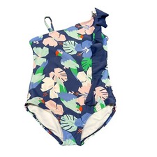 Hanna Andersson Swimsuit Girl's Blue Floral Birds One Piece Ruffle Size 100 4 